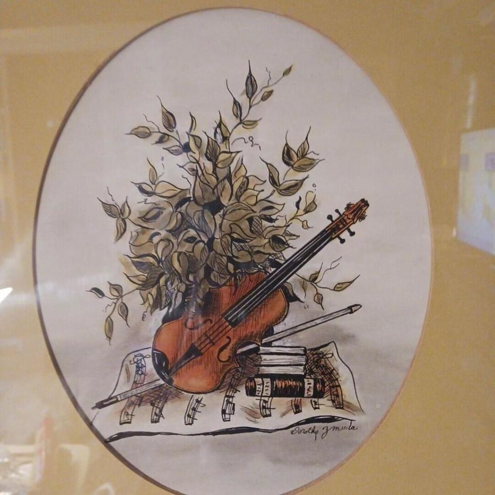 Vintage Pen and Ink Original Art Violin Still Life